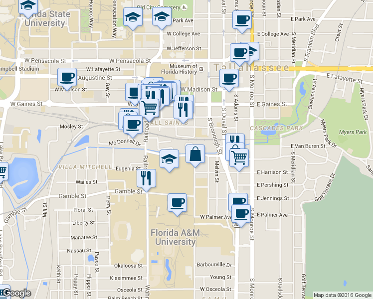map of restaurants, bars, coffee shops, grocery stores, and more near 425 West Van Buren Street in Tallahassee