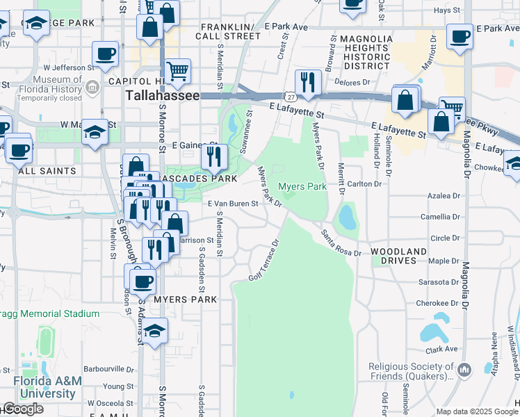 map of restaurants, bars, coffee shops, grocery stores, and more near 545 East Van Buren Street in Tallahassee