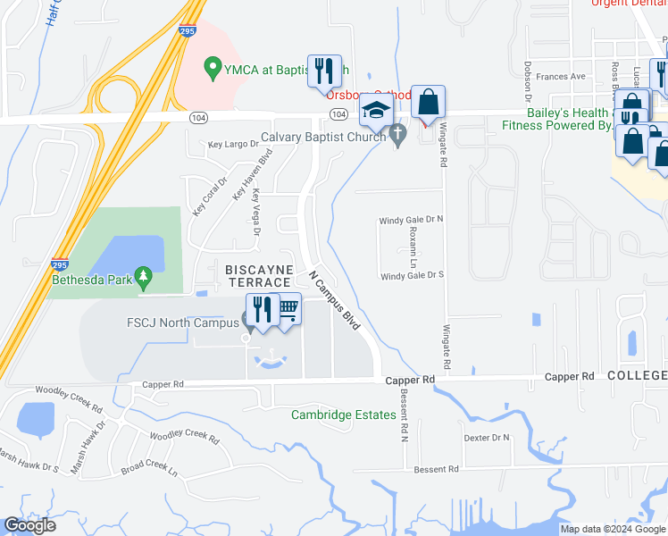 map of restaurants, bars, coffee shops, grocery stores, and more near 10855 Campus Heights Lane in Jacksonville