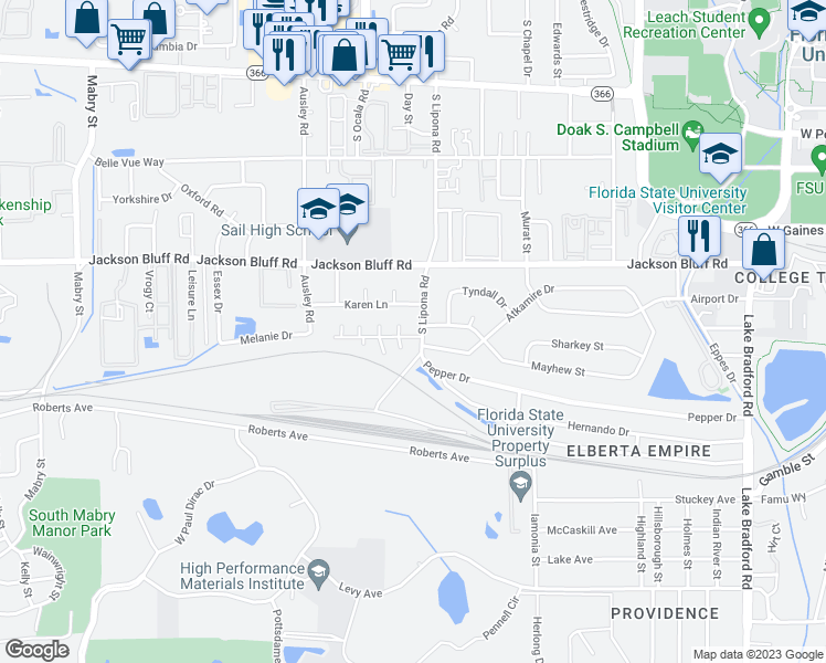 map of restaurants, bars, coffee shops, grocery stores, and more near 904 South Lipona Road in Tallahassee