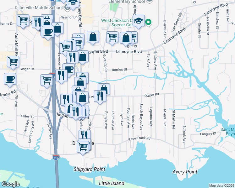 map of restaurants, bars, coffee shops, grocery stores, and more near 3072-3078 Quave Rd in D'Iberville
