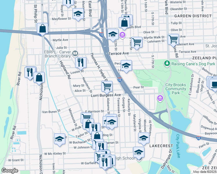 map of restaurants, bars, coffee shops, grocery stores, and more near 1722 Thomas H. Delpit Drive in Baton Rouge