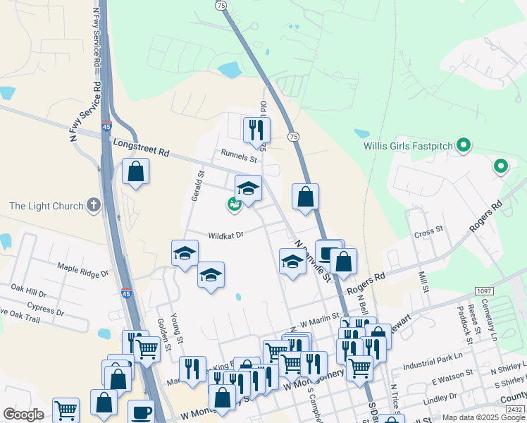 map of restaurants, bars, coffee shops, grocery stores, and more near 107 Lamar Street in Willis