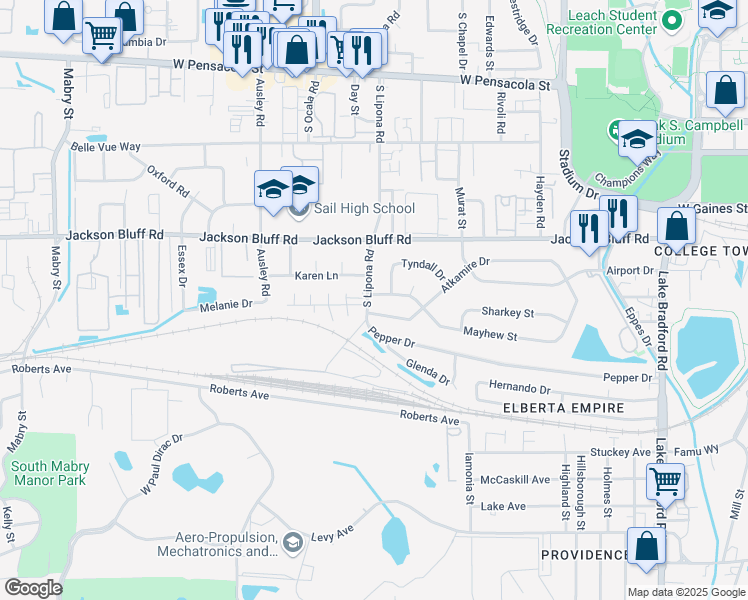 map of restaurants, bars, coffee shops, grocery stores, and more near 1819 Mayhew Street in Tallahassee