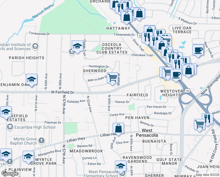 map of restaurants, bars, coffee shops, grocery stores, and more near 5000 West Fairfield Drive in Pensacola