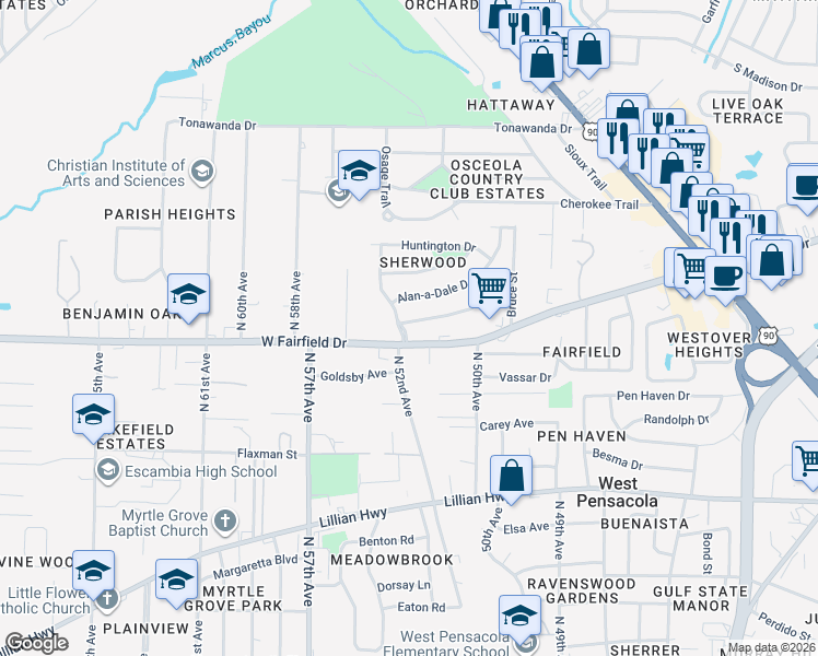 map of restaurants, bars, coffee shops, grocery stores, and more near 4 Fountain Abbey in Pensacola