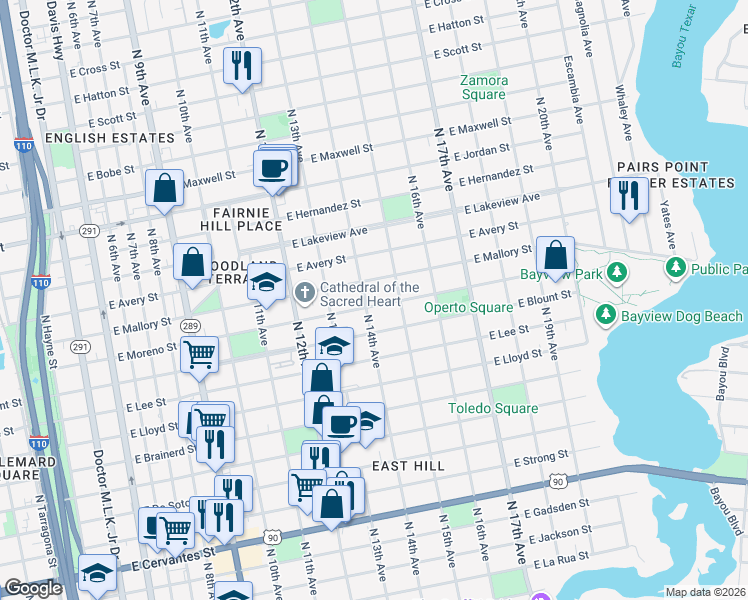 map of restaurants, bars, coffee shops, grocery stores, and more near 1600 North 14th Avenue in Pensacola