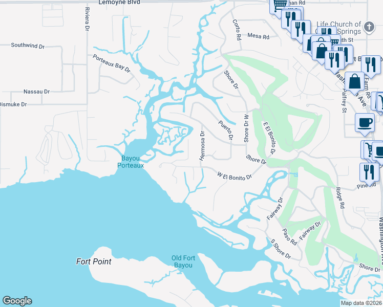 map of restaurants, bars, coffee shops, grocery stores, and more near 6316 Porteaux Road in Ocean Springs