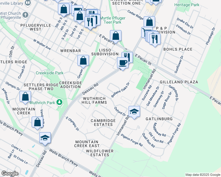 map of restaurants, bars, coffee shops, grocery stores, and more near 704 Botany Bay Circle in Pflugerville