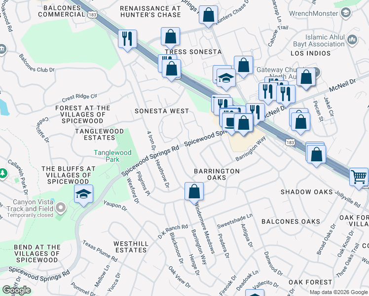map of restaurants, bars, coffee shops, grocery stores, and more near 11611 Queens Way in Austin