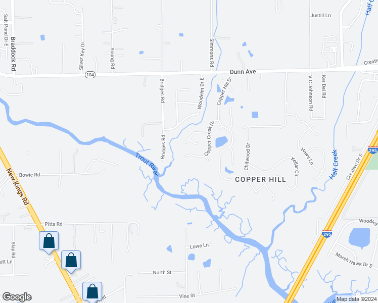 map of restaurants, bars, coffee shops, grocery stores, and more near 5957 Copper Creek Drive in Jacksonville