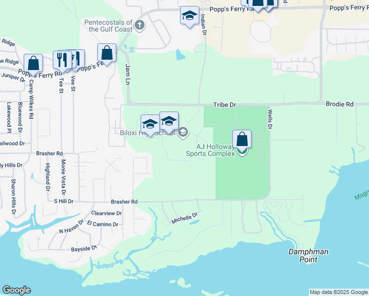 map of restaurants, bars, coffee shops, grocery stores, and more near 1845 Richard Drive in Biloxi