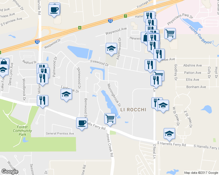 map of restaurants, bars, coffee shops, grocery stores, and more near 2245 Morningbrook Drive in Baton Rouge