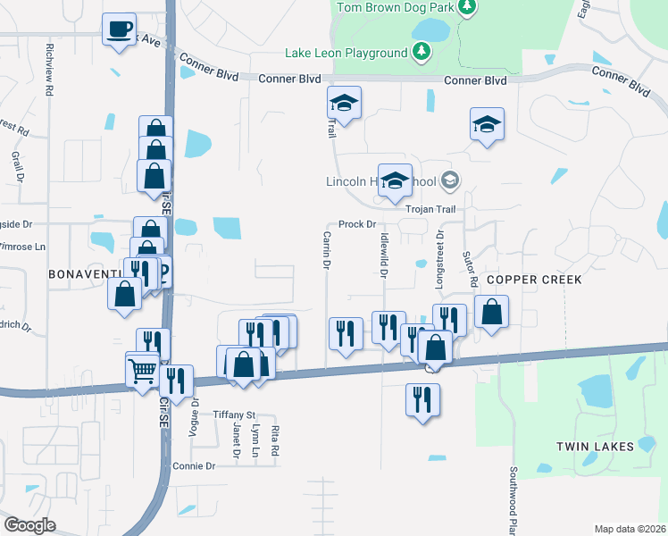 map of restaurants, bars, coffee shops, grocery stores, and more near 1031 Carrin Drive in Tallahassee