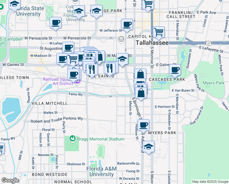 map of restaurants, bars, coffee shops, grocery stores, and more near 425 West Van Buren Street in Tallahassee