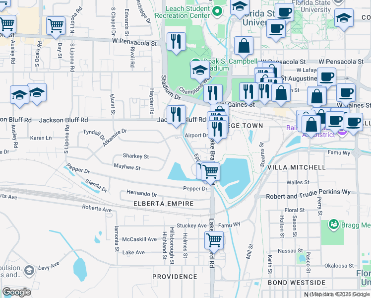 map of restaurants, bars, coffee shops, grocery stores, and more near 1307 Airport Drive in Tallahassee