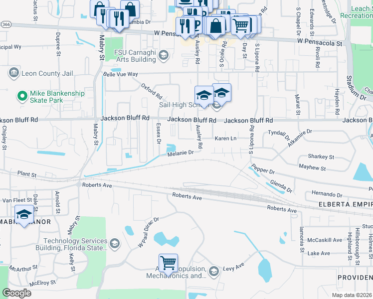 map of restaurants, bars, coffee shops, grocery stores, and more near 2118 Melanie Drive in Tallahassee