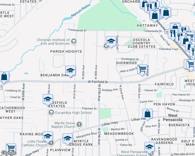 map of restaurants, bars, coffee shops, grocery stores, and more near 1603 North 58th Avenue in Pensacola