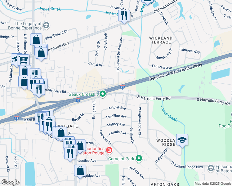 map of restaurants, bars, coffee shops, grocery stores, and more near 12451 South Harrells Ferry Road in Baton Rouge