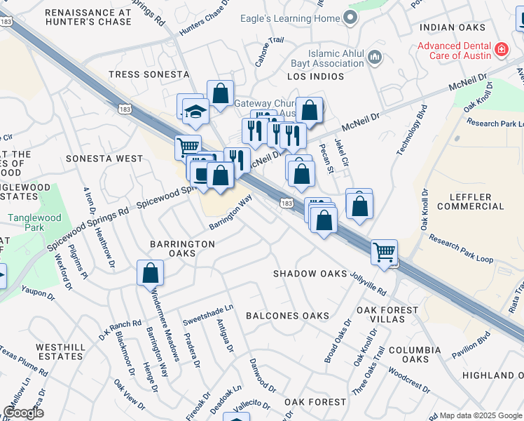 map of restaurants, bars, coffee shops, grocery stores, and more near 12216 Dundee Drive in Austin