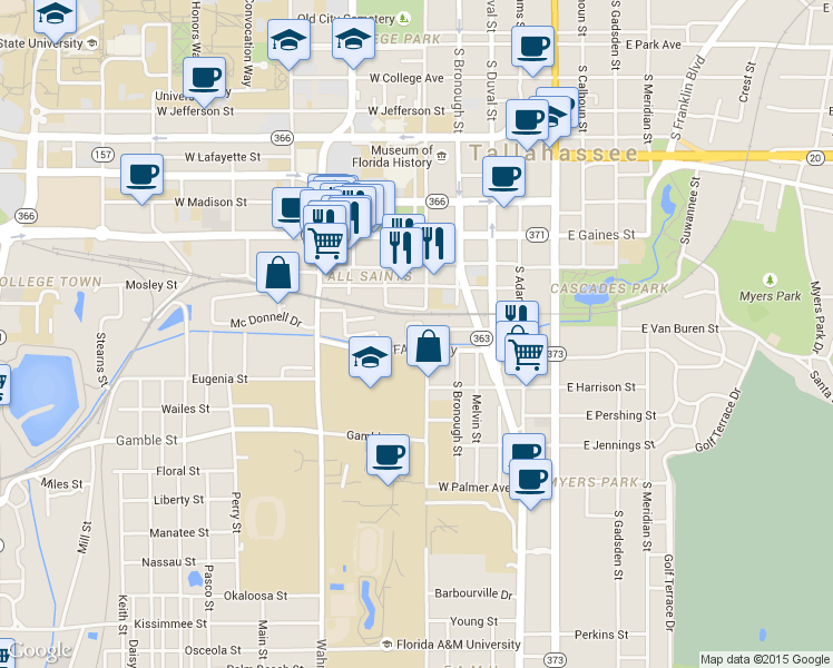 map of restaurants, bars, coffee shops, grocery stores, and more near 425 West Van Buren Street in Tallahassee