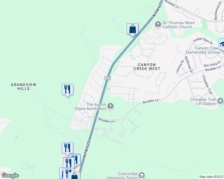 map of restaurants, bars, coffee shops, grocery stores, and more near 9009 North FM 620 in Austin