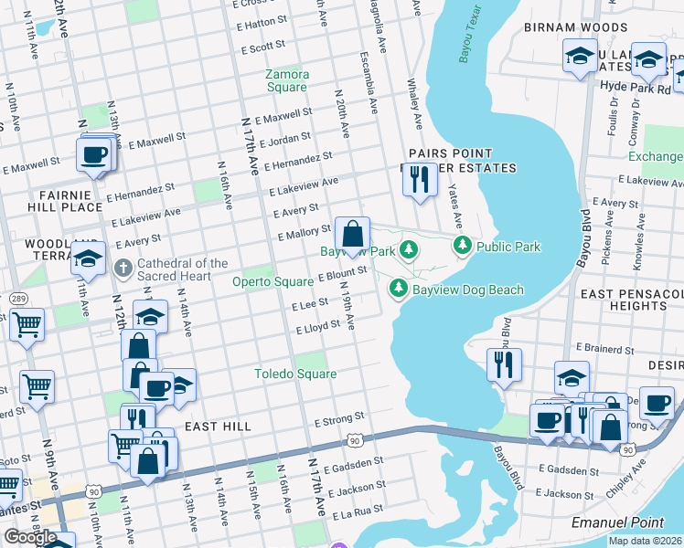 map of restaurants, bars, coffee shops, grocery stores, and more near East Blount Street in Pensacola