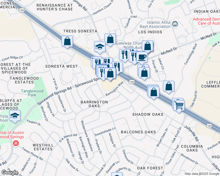 map of restaurants, bars, coffee shops, grocery stores, and more near 11910 Barrington Way in Austin
