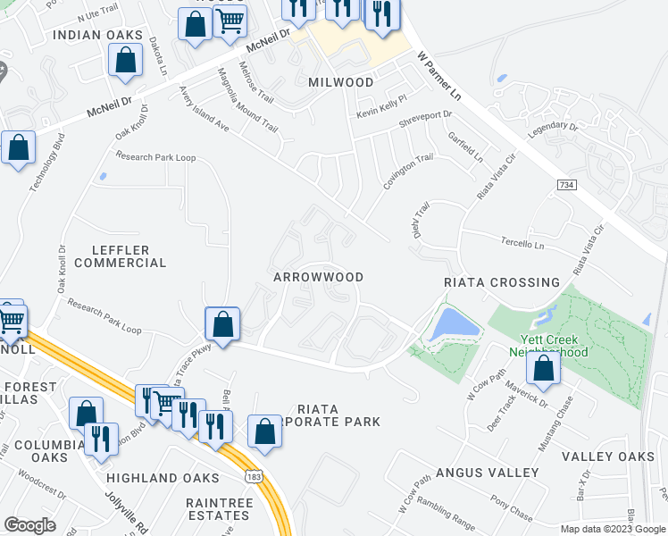 map of restaurants, bars, coffee shops, grocery stores, and more near 12405 Alameda Trace Circle in Austin