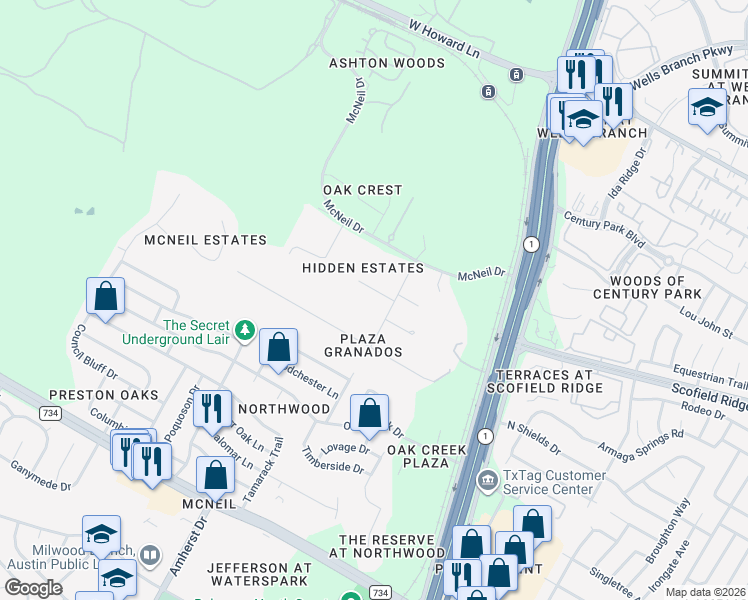 map of restaurants, bars, coffee shops, grocery stores, and more near 3707 Hidden Estates Drive in Austin