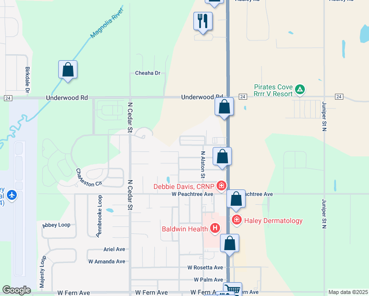 map of restaurants, bars, coffee shops, grocery stores, and more near 219 West Birch Avenue in Foley