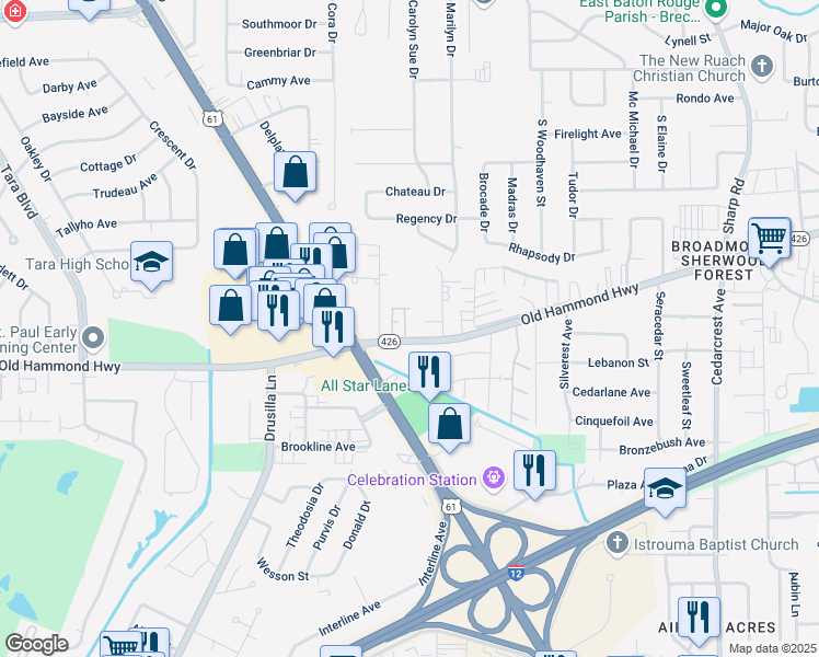 map of restaurants, bars, coffee shops, grocery stores, and more near 9889 Old Hammond Highway in Baton Rouge