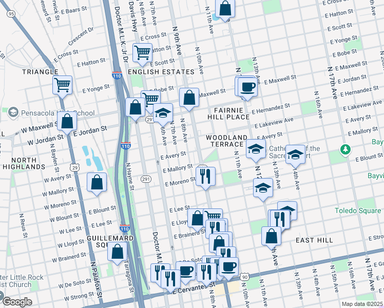 map of restaurants, bars, coffee shops, grocery stores, and more near 1700 North 8th Avenue in Pensacola