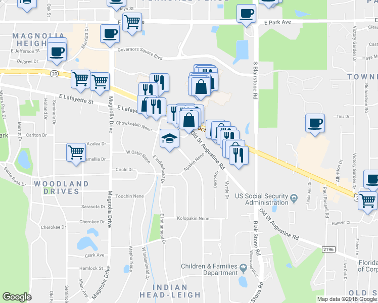 map of restaurants, bars, coffee shops, grocery stores, and more near 1429 Chowkeebin Nene in Tallahassee