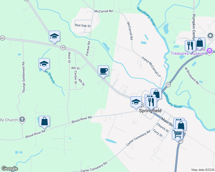 map of restaurants, bars, coffee shops, grocery stores, and more near 27170 Louisiana 42 in Springfield
