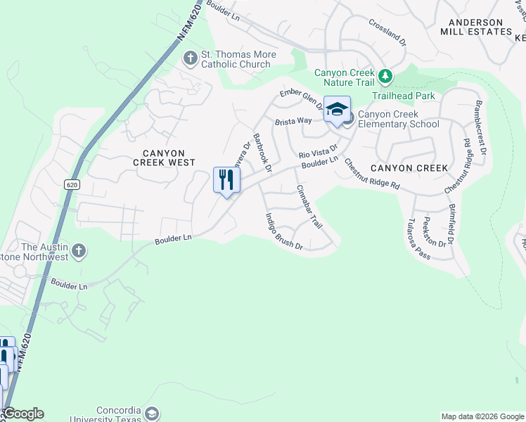 map of restaurants, bars, coffee shops, grocery stores, and more near 9622 Indigo Brush Drive in Austin