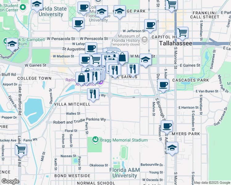 map of restaurants, bars, coffee shops, grocery stores, and more near 460 Famu Way in Tallahassee