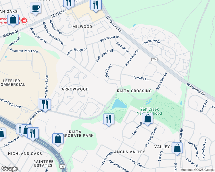 map of restaurants, bars, coffee shops, grocery stores, and more near 12610 Riata Trace Parkway in Austin