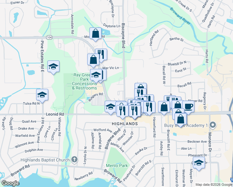 map of restaurants, bars, coffee shops, grocery stores, and more near 1679 Dunn Ave in Jacksonville