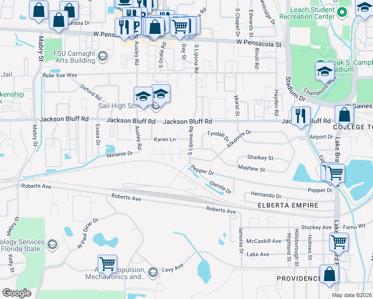 map of restaurants, bars, coffee shops, grocery stores, and more near 1900 Tomahawk Trail in Tallahassee