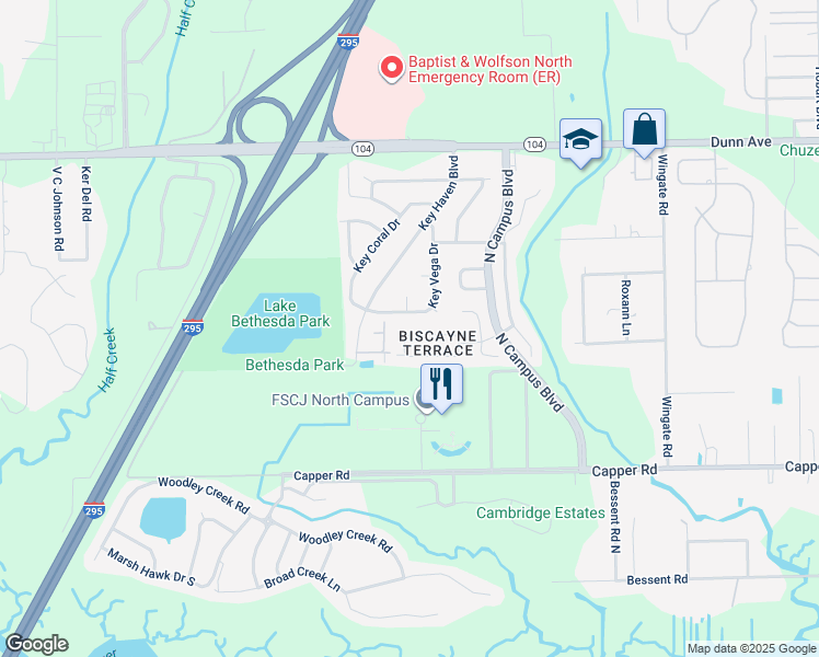 map of restaurants, bars, coffee shops, grocery stores, and more near 4333 Campus Hills Circle in Jacksonville