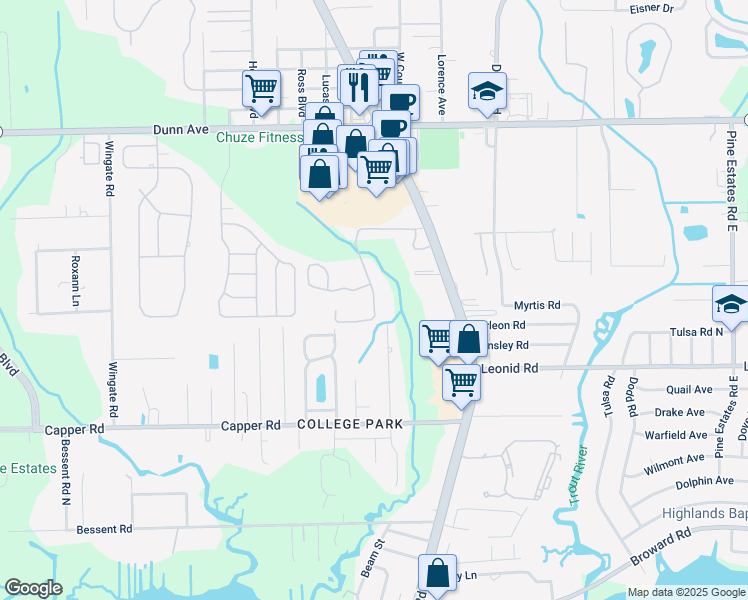 map of restaurants, bars, coffee shops, grocery stores, and more near 10970 Lem Turner Road in Jacksonville