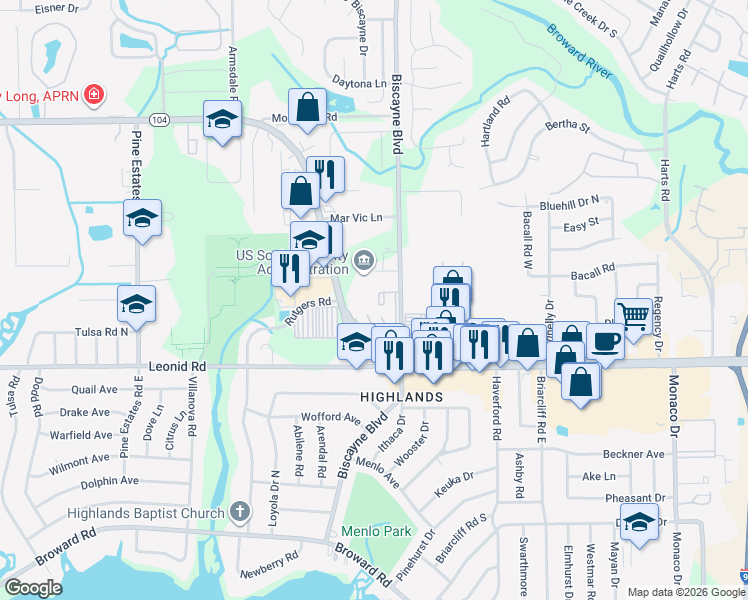 map of restaurants, bars, coffee shops, grocery stores, and more near 1679 Dunn Ave in Jacksonville