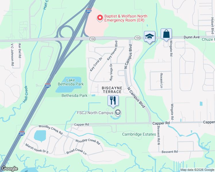 map of restaurants, bars, coffee shops, grocery stores, and more near 4236 Campus Hills Circle in Jacksonville