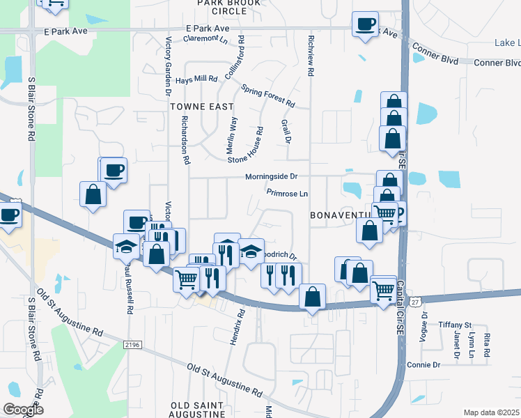 map of restaurants, bars, coffee shops, grocery stores, and more near 1202 Cross Creek Way in Tallahassee