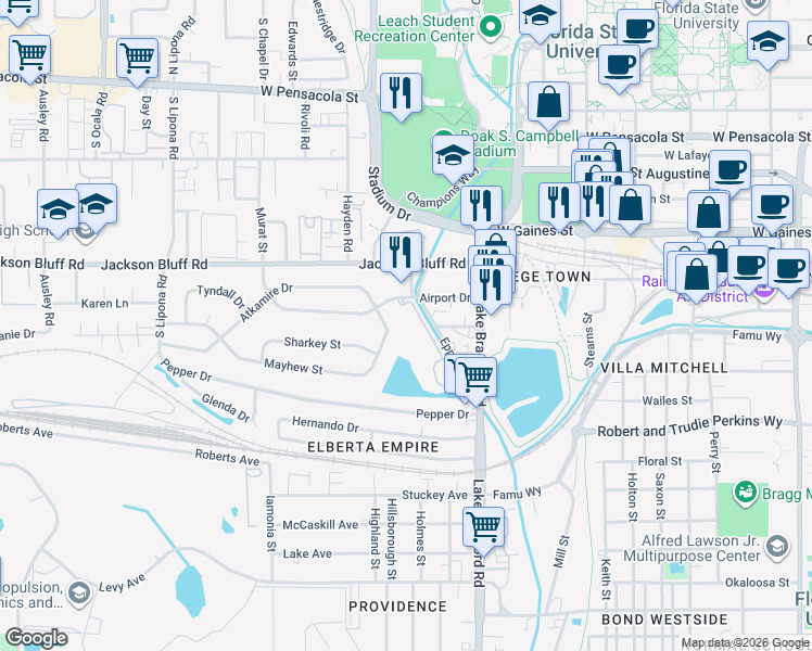 map of restaurants, bars, coffee shops, grocery stores, and more near 1307 Airport Drive in Tallahassee
