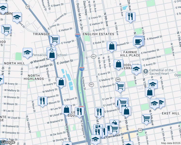 map of restaurants, bars, coffee shops, grocery stores, and more near 318 East Avery Street in Pensacola