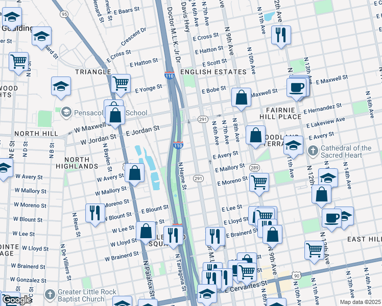 map of restaurants, bars, coffee shops, grocery stores, and more near 318 East Avery Street in Pensacola