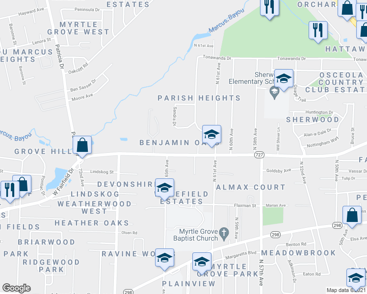 map of restaurants, bars, coffee shops, grocery stores, and more near 6310 West Fairfield Drive in Pensacola