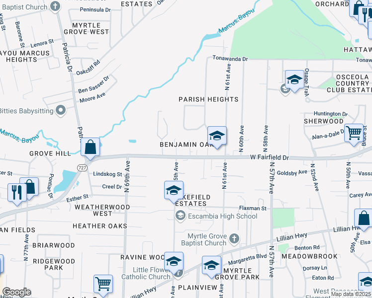 map of restaurants, bars, coffee shops, grocery stores, and more near 6310 West Fairfield Drive in Pensacola